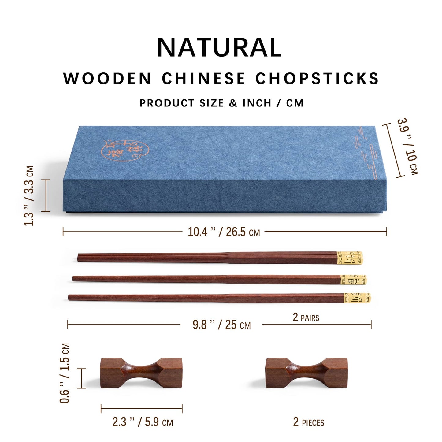 The length of the chopsticks is 9.8 inches, the wooden chopstick holder is 2.3 inches, and the gift box is 10.4 inches.