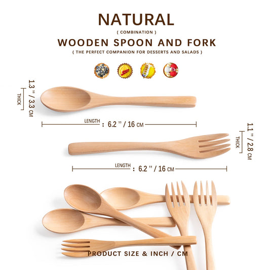 Natural wood spoon measures 6.2 inches long by 1.3 inches wideFork measures 6.2 inches long by 1.1 inches wide