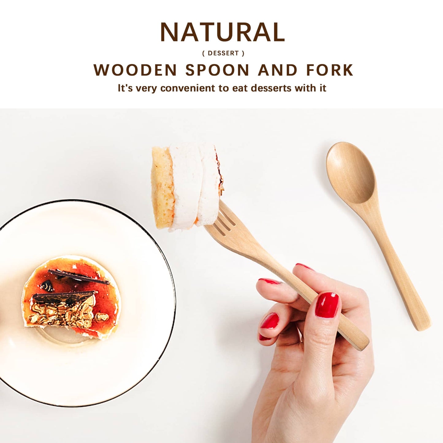 A woman is using this handmade natural wooden fork to spear food from a bowl, with a wooden spoon and bowl next to it