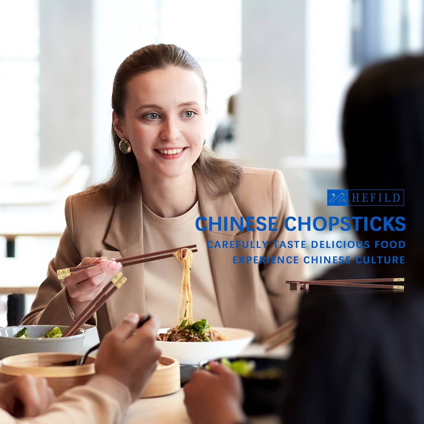 A smiling woman was picking up spaghetti with these natural wood Chinese chopsticks in her hands.