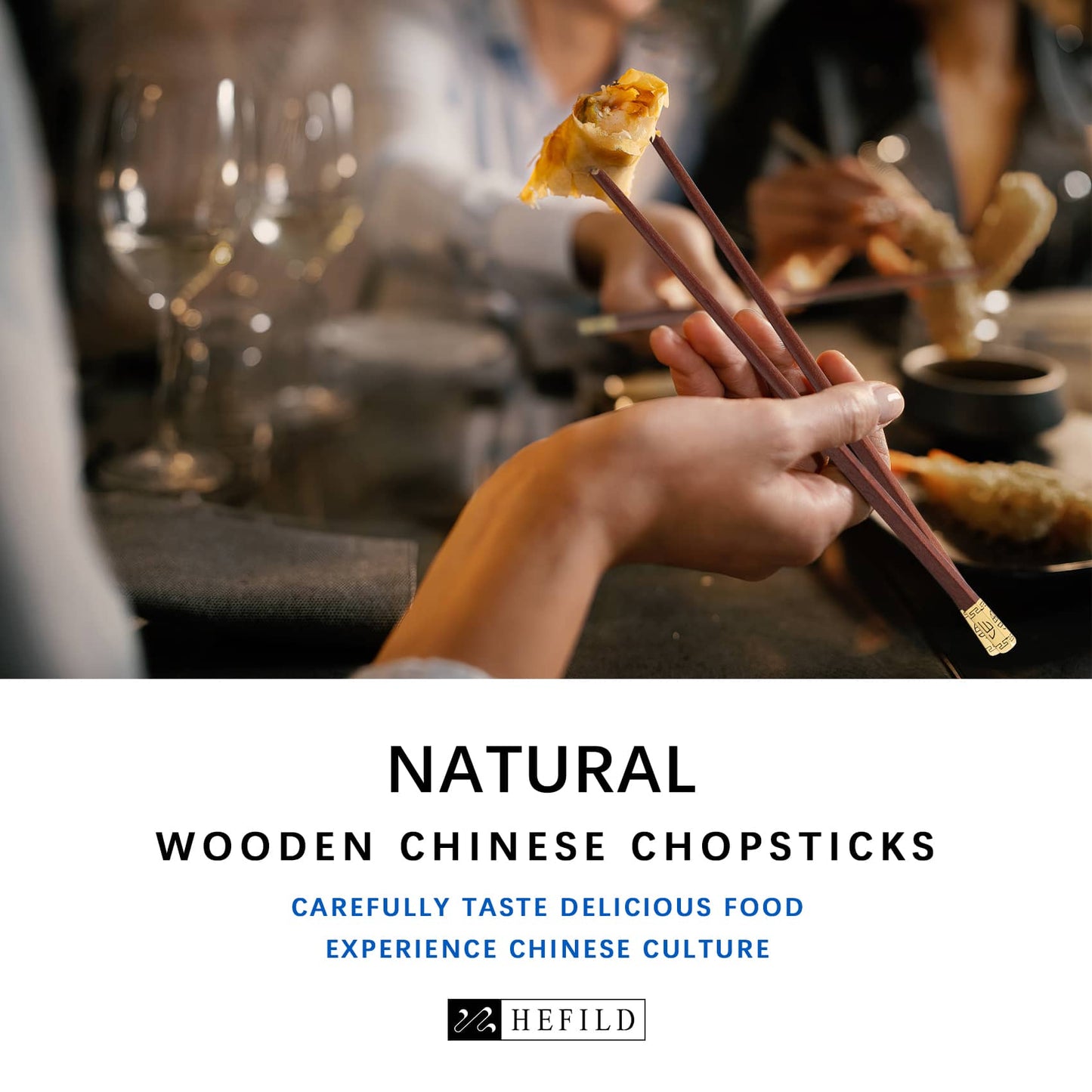 A woman was holding these natural wood Chinese chopsticks with dumplings on them
