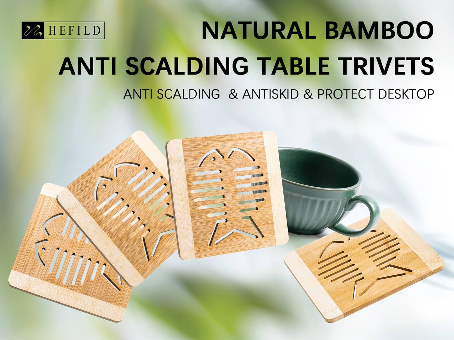 This is 4 pieces of exquisite pure natural bamboo multi-functional insulated pot holders, and a coffee mug.