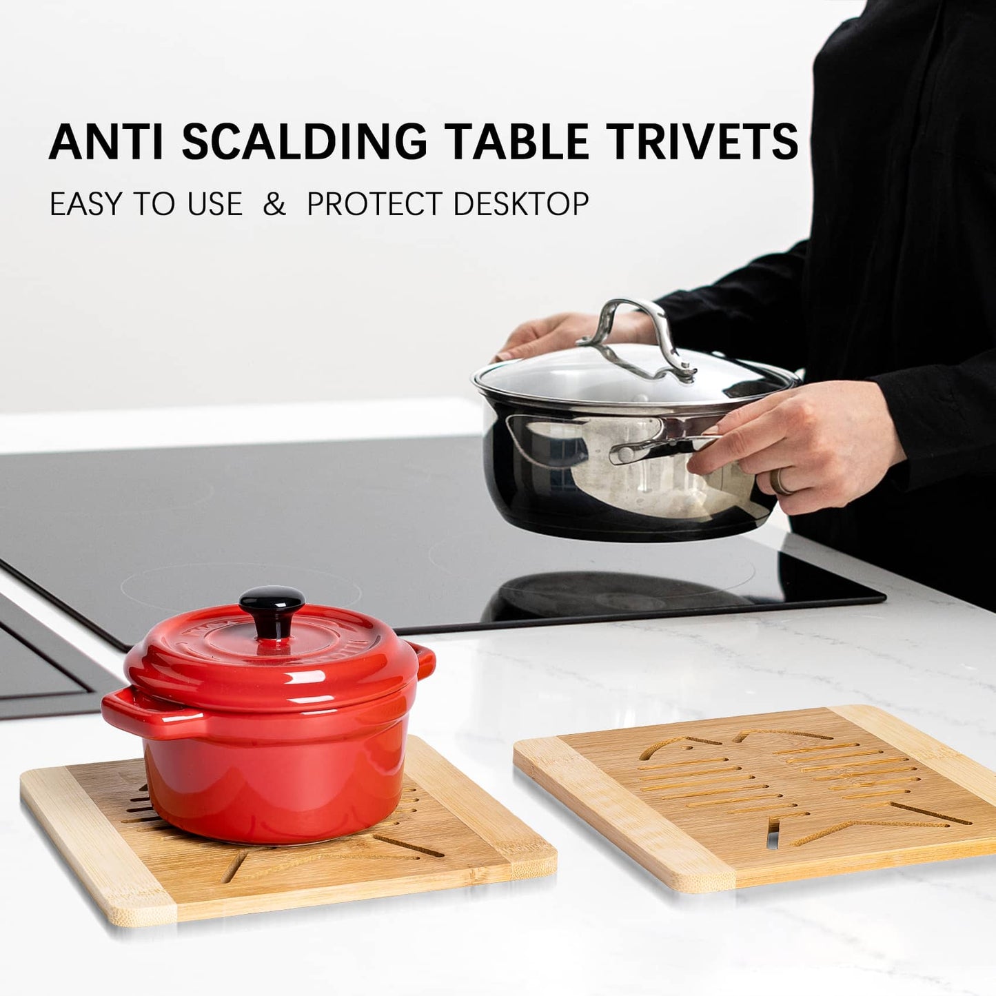 The quartzite tabletop holds this all-natural bamboo fish-shaped hot plate mat with the pot on the mat