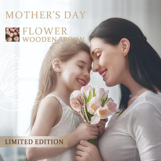 Mom receives flowers and a Hefild Mother's Day small wooden spoon from her daughter in a happy hug