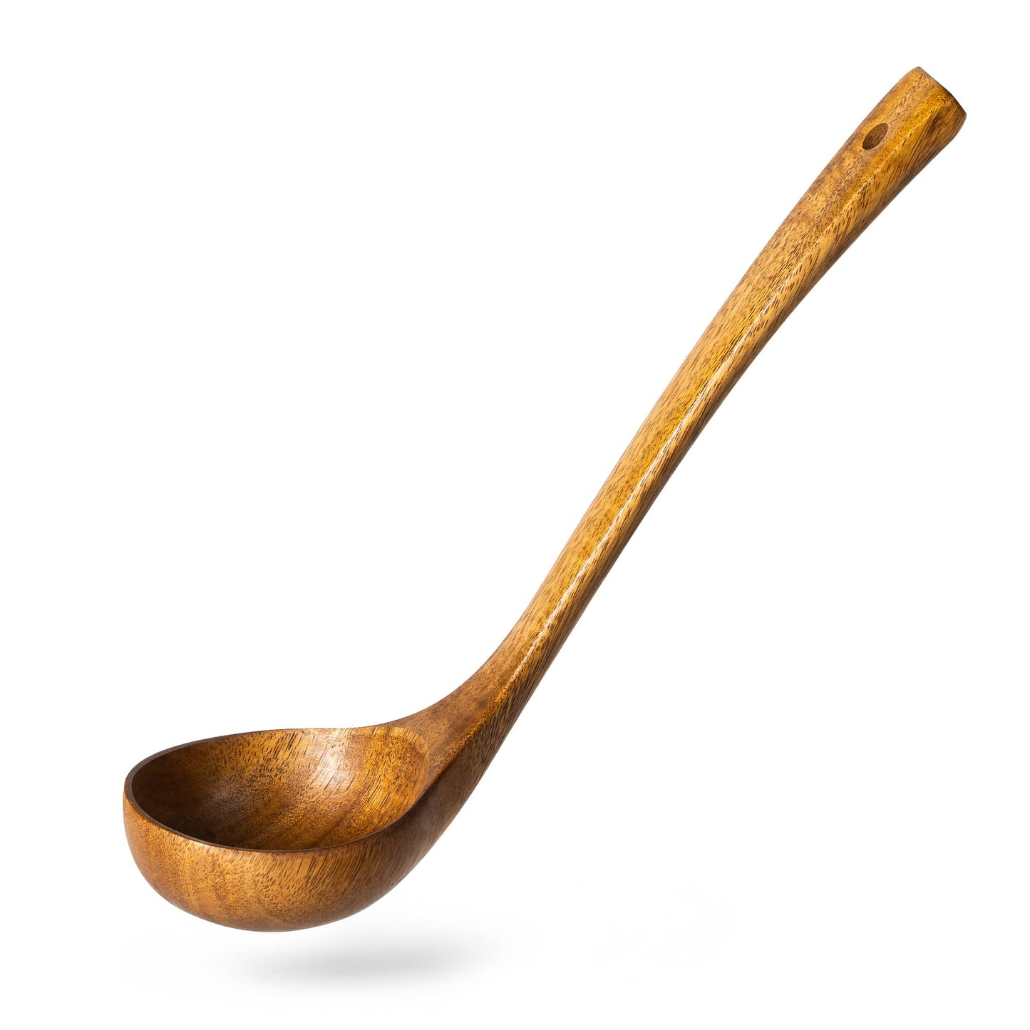 This is a smooth and beautifully polished natural wooden soup ladle for cooking.