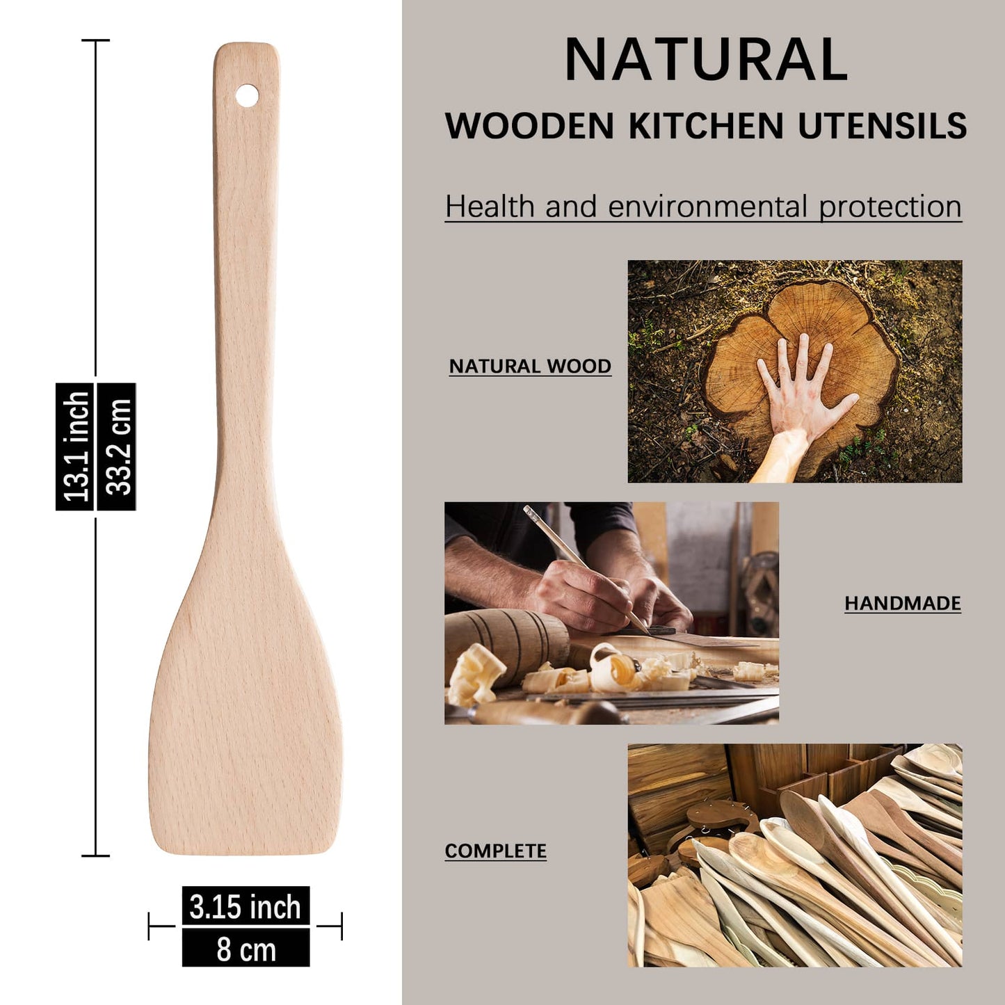 Wooden cooking spatula measures 13 inches in length and 3.1 inches in width, sanded from beechwood