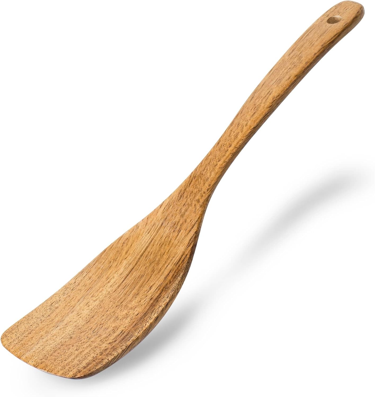 This is an all natural wooden curved handle frying spatula with a long handle scraper