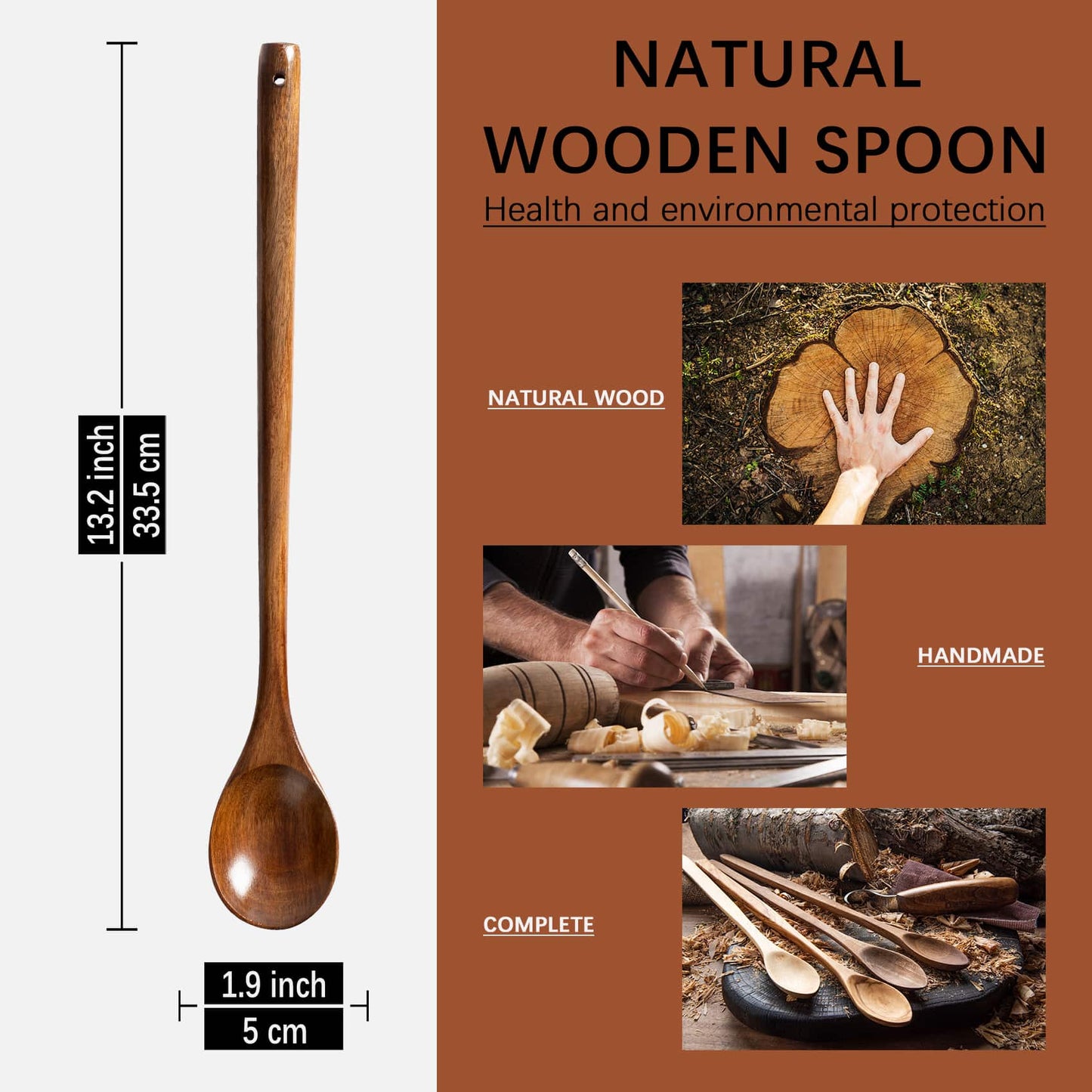 This handmade natural wood spoon measures 13.2 inches in length and 1.9 inches in width!