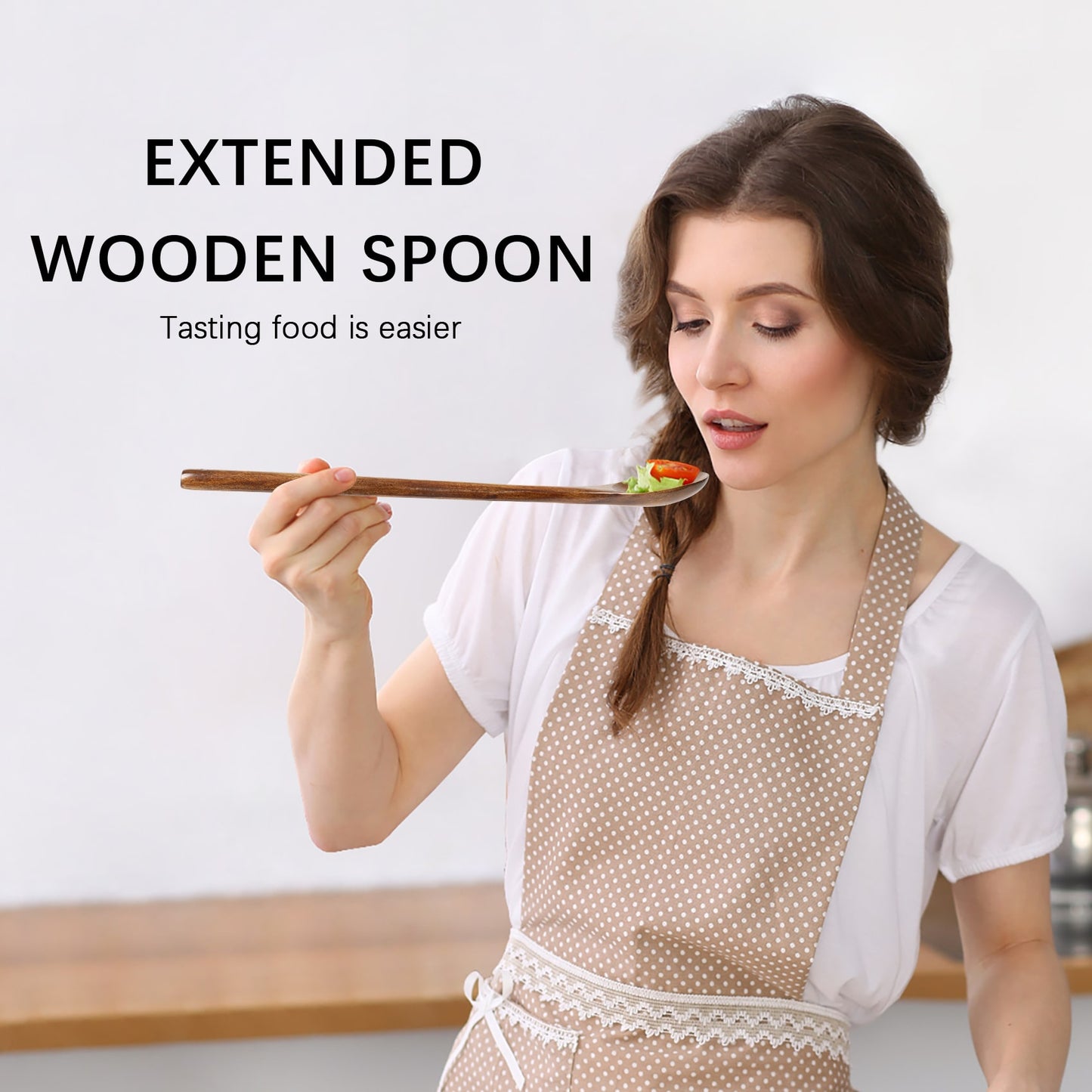 A woman was about to sample food, and with this long-handled wooden spoon made of natural wood, the