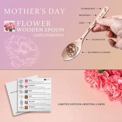 The postcard included in the little wooden spoon for Mother's Day has the language of 6 flowers on it