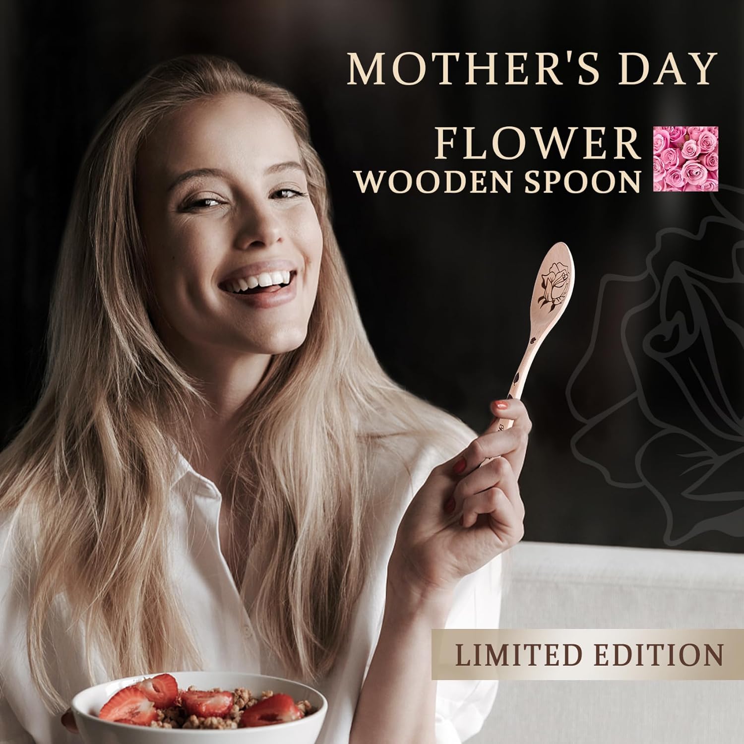 A lady is happily eating oatmeal with a small wooden Mother's Day spoon