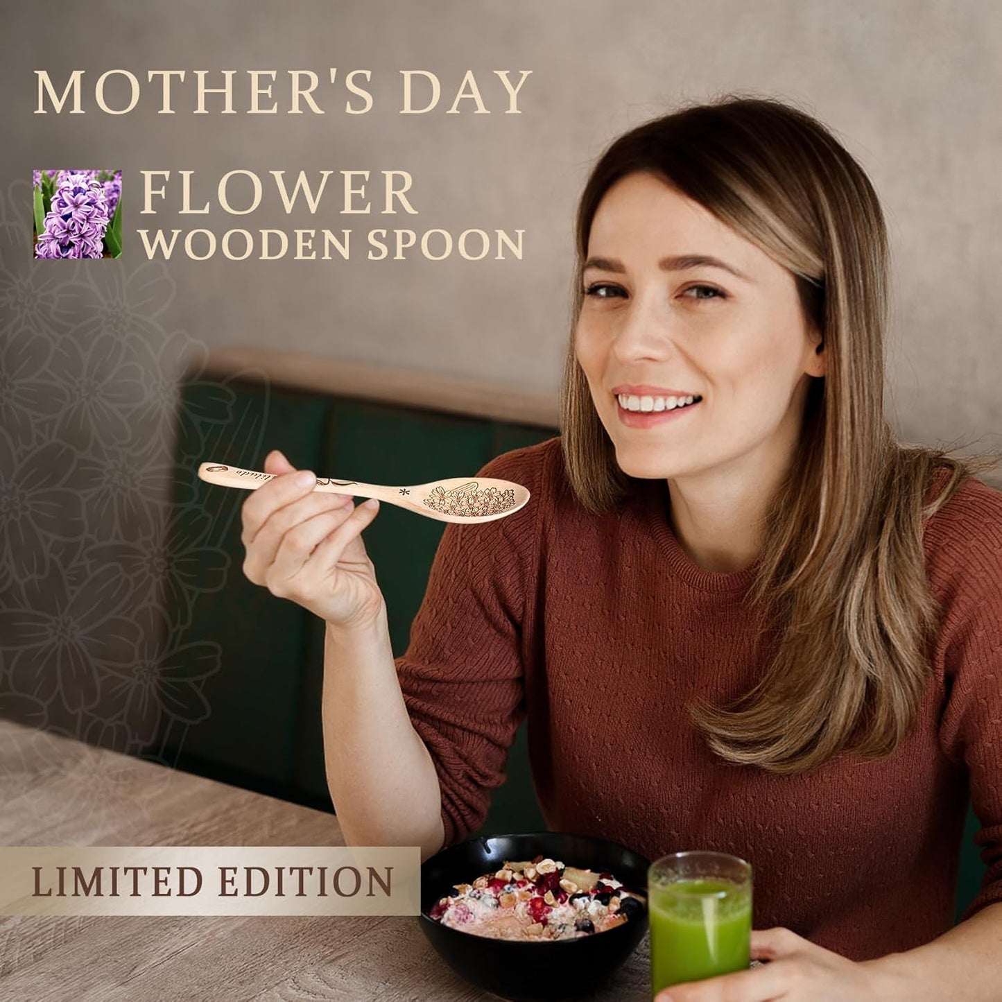 A lady happily eating a strawberry dessert with a small wooden Mother's Day spoon