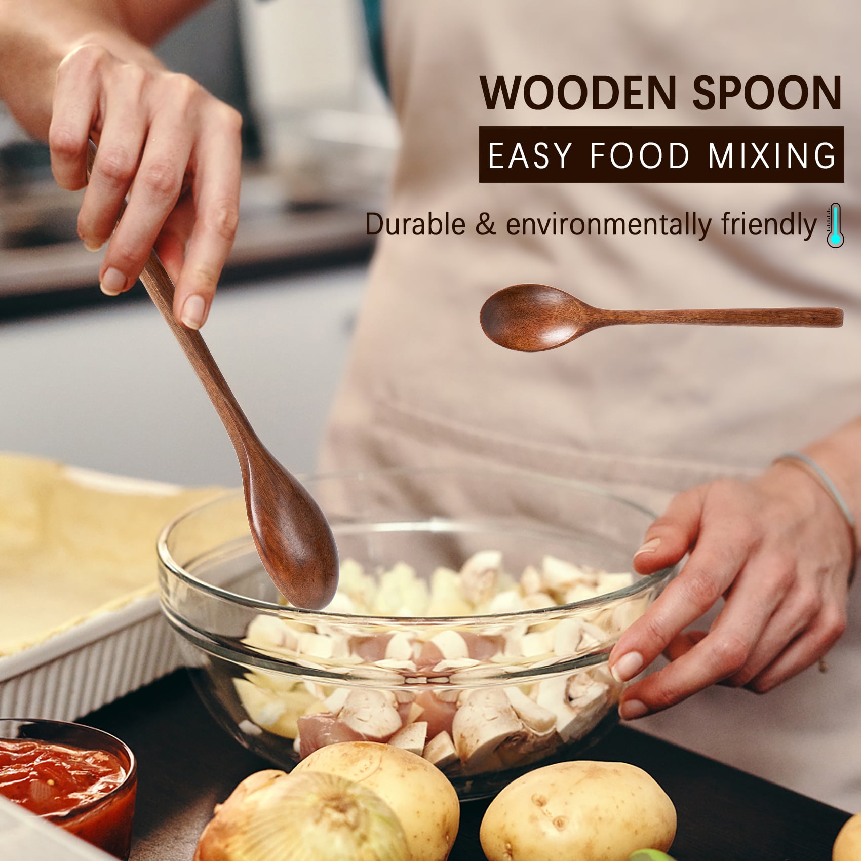A man is mixing food in a bowl with this all-natural wooden and eco-friendly long-handled mixing spoon