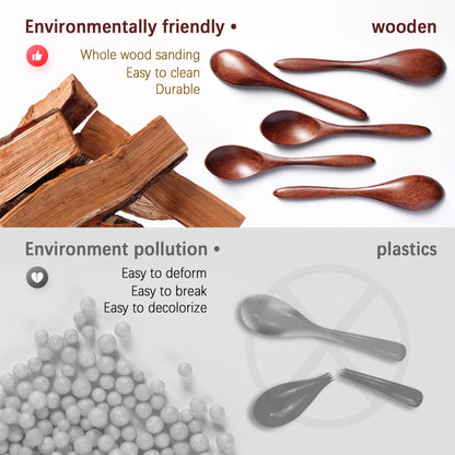 Comparison chart of small wooden spoons and plastic spoons, wooden spoons are more environmentally friendly and durable