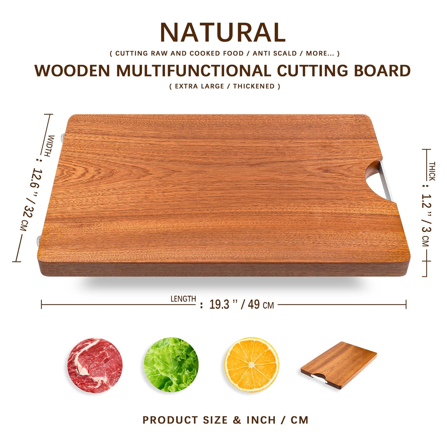 The dimensions of this chopping board made of pure ebony are12.6*19*1.2 inch  It can be used to cut meat vegetables fruits