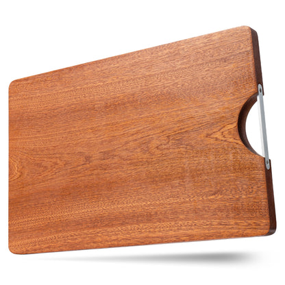 This is a beautifully crafted natural ebony chopping board with handles for lifting and hanging