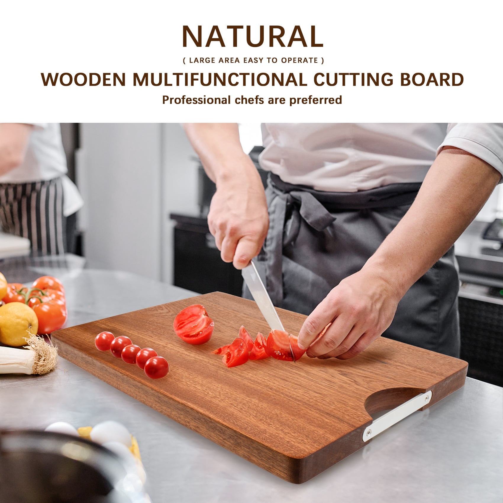 A chef is slicing tomatoes on top of this all-natural ebony chopping board