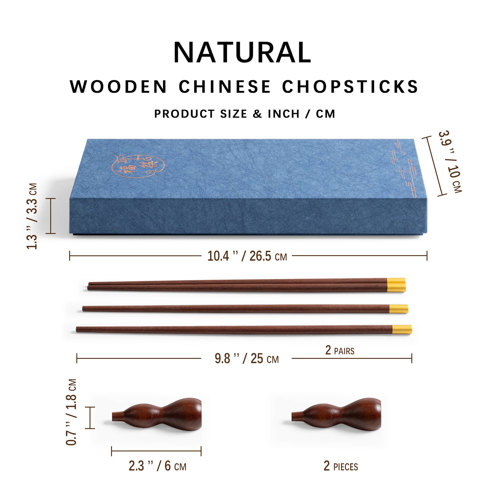 The size of the gift box is 10.4*3.9*1.3inch, the chopsticks is 9.8inch, the chopstick holder is 2.3*0.7inch