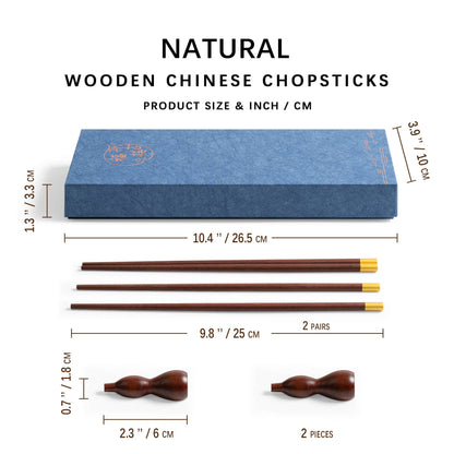 The size of the gift box is 10.4*3.9*1.3inch, the chopsticks is 9.8inch, the chopstick holder is 2.3*0.7inch