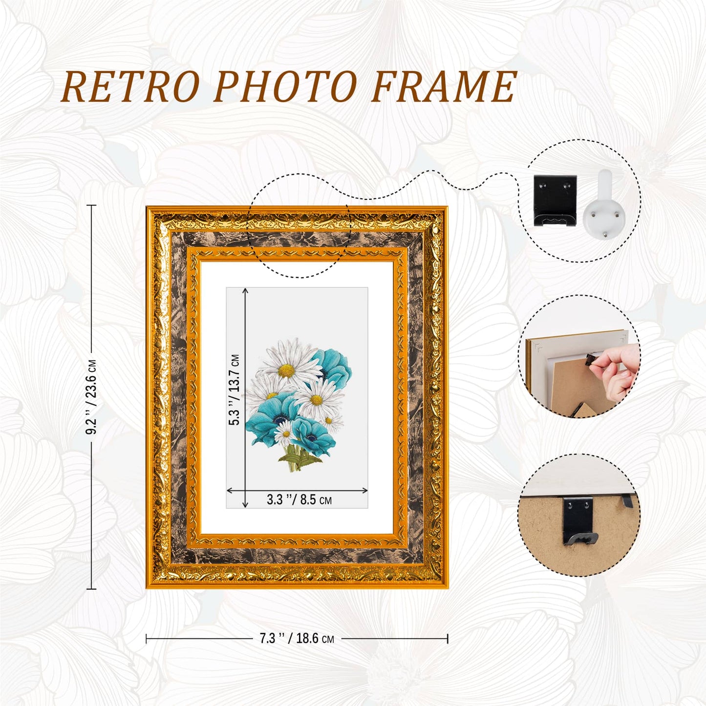 The dimensions of this beautiful and elegant photo frame are 1.9x9.2 inch Non-marking studs and hooks on the back