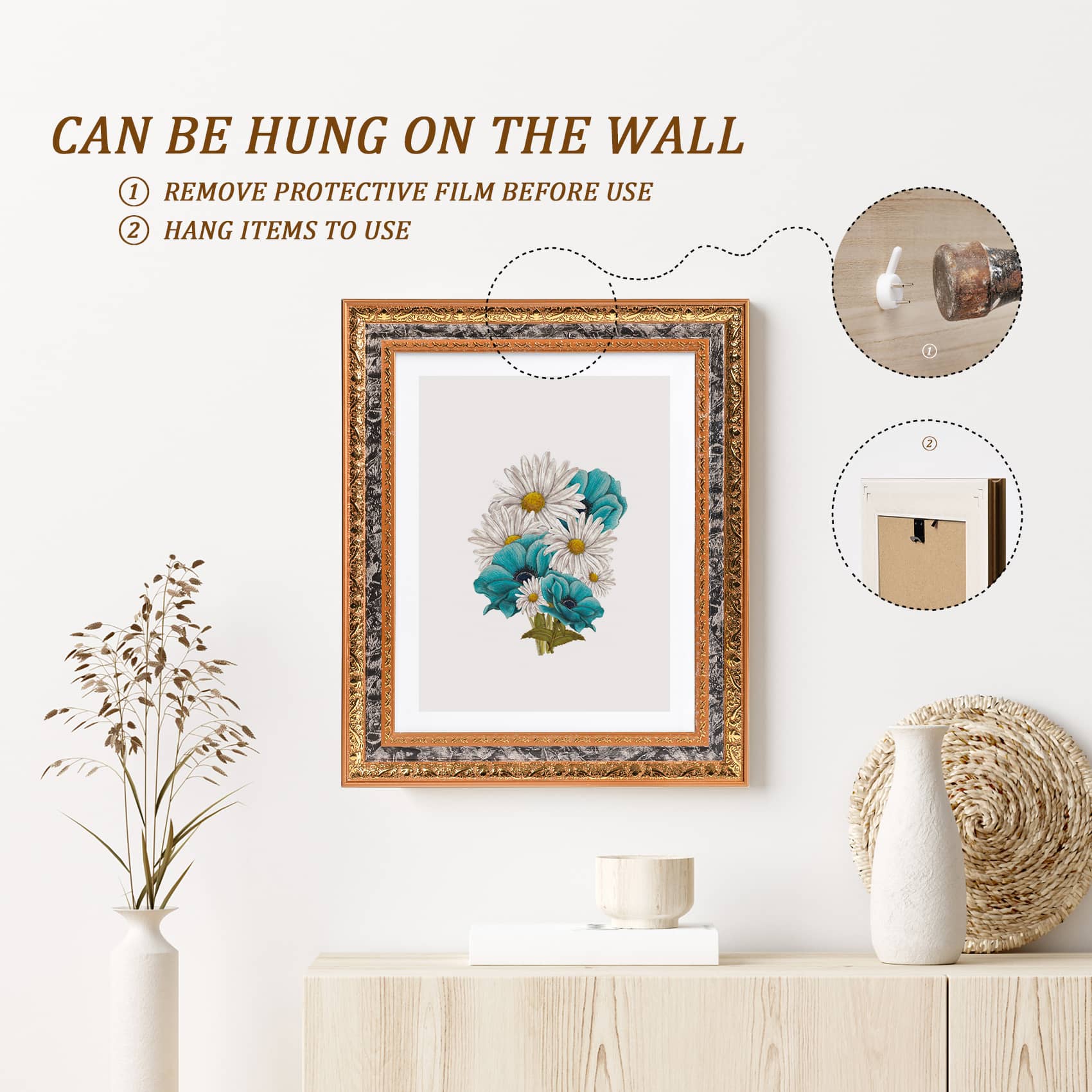 This beautiful and elegant picture frame can be safely hung on the wall The back of the frame has small notches for hanging