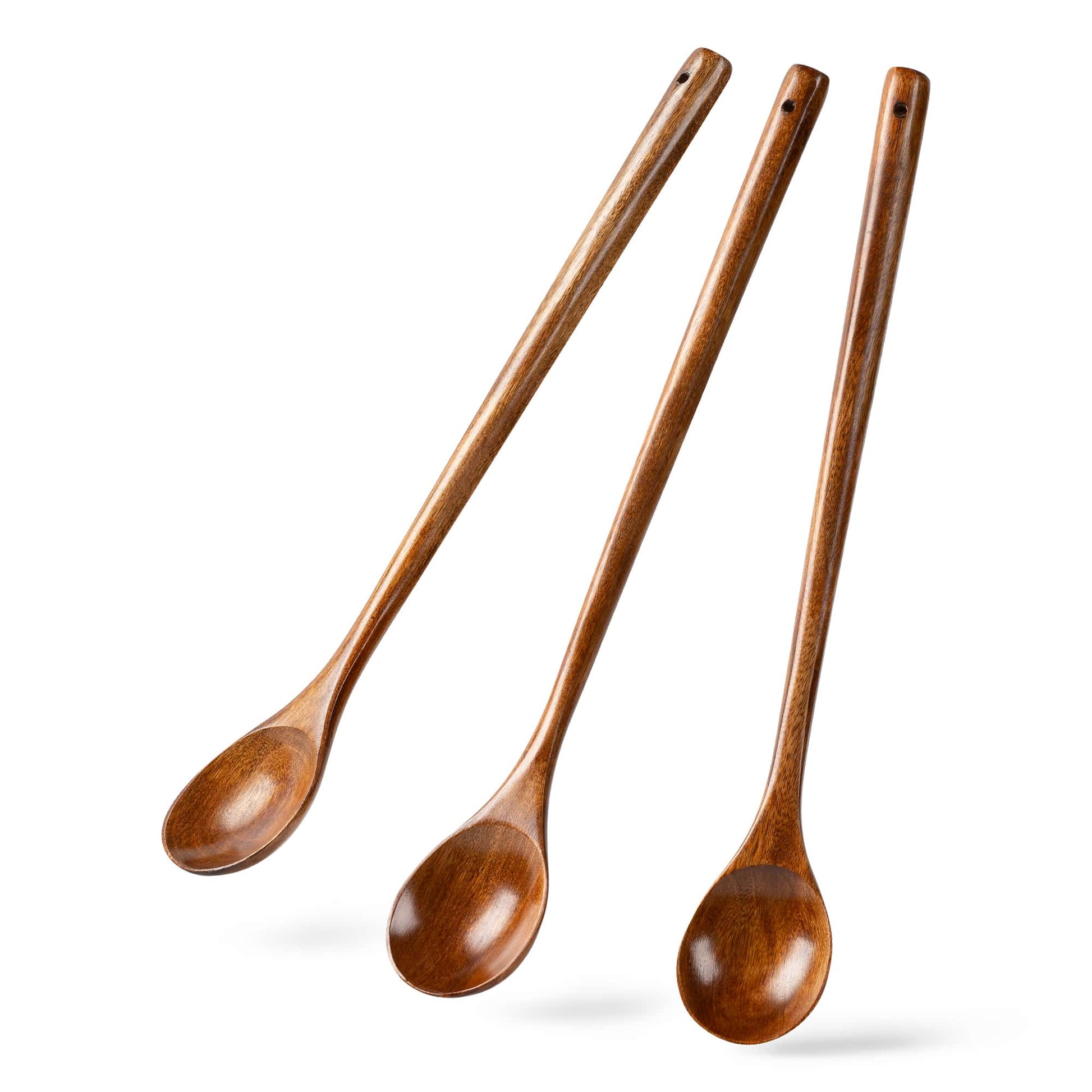 These are three 13 inch handmade natural wood long handled stirring spoons, large wooden spoons for cooking