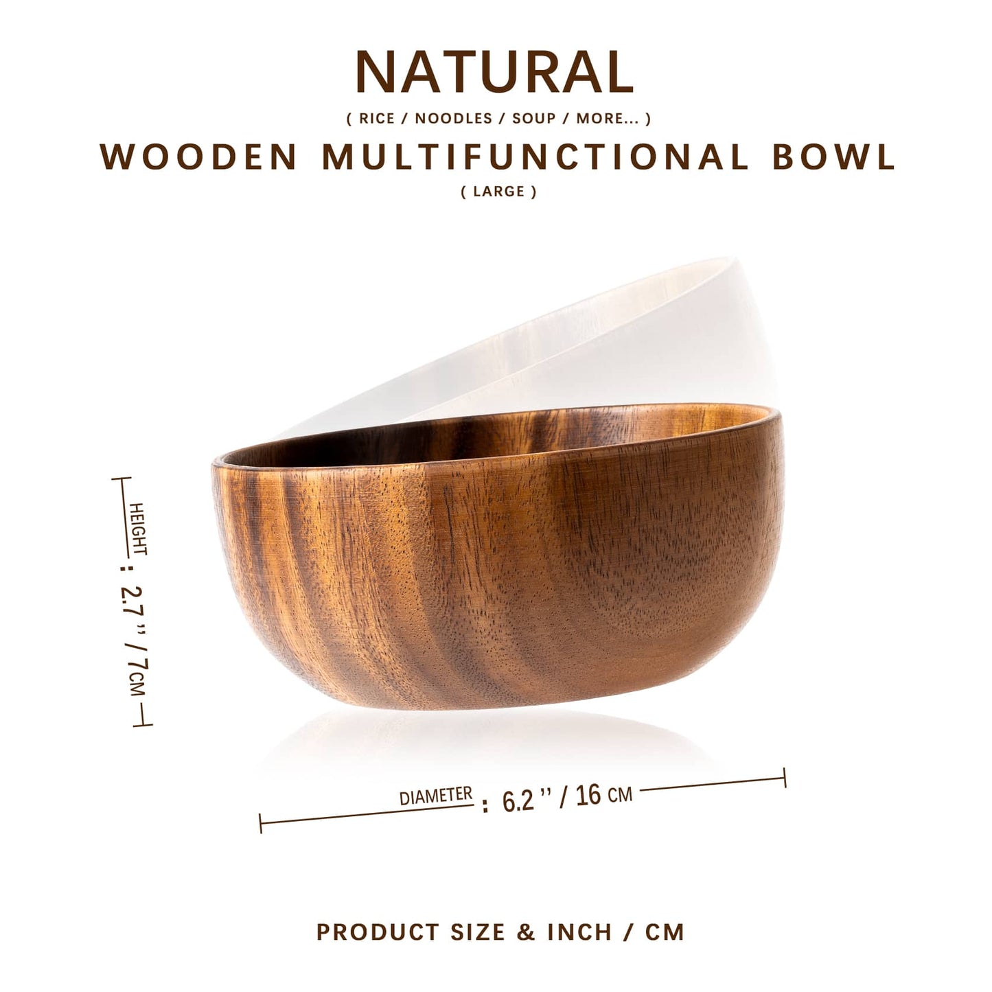 The dimensions of this round, smooth, pure wood, natural acacia wood bowl are 6.2*2.7 inch