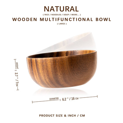 The dimensions of this round, smooth, pure wood, natural acacia wood bowl are 6.2*2.7 inch