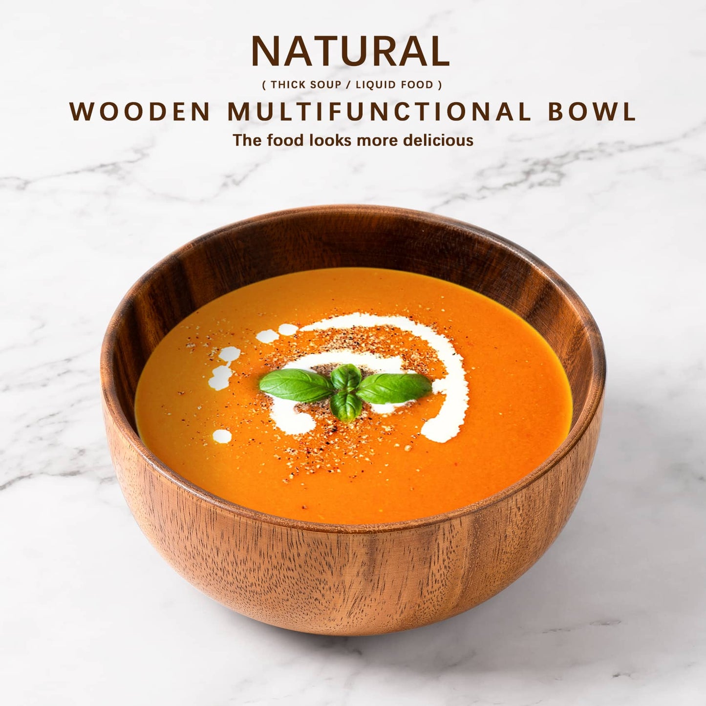 There's a bowl of soup in this smooth, rounded bowl made of pure wood and natural acacia wood