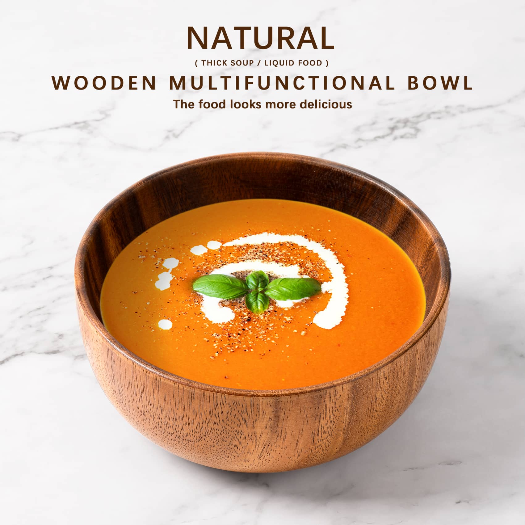 There's a bowl of soup in this smooth, rounded bowl made of pure wood and natural acacia wood