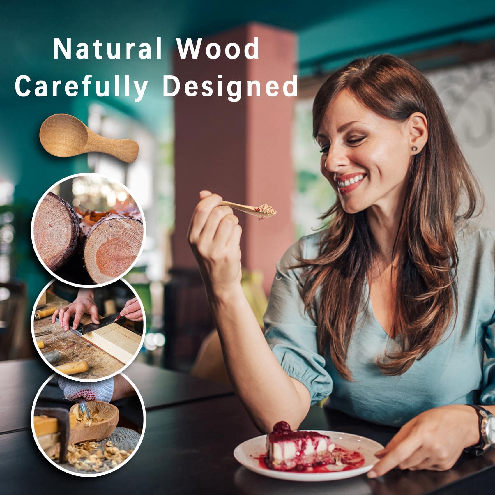 A lady is eating strawberry cake with a mini wooden spoon made from logs that have been polished in 22 steps