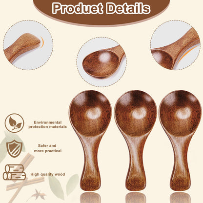 Showing the details of a mini small wooden spoon with a rounded mouth and a curved handle