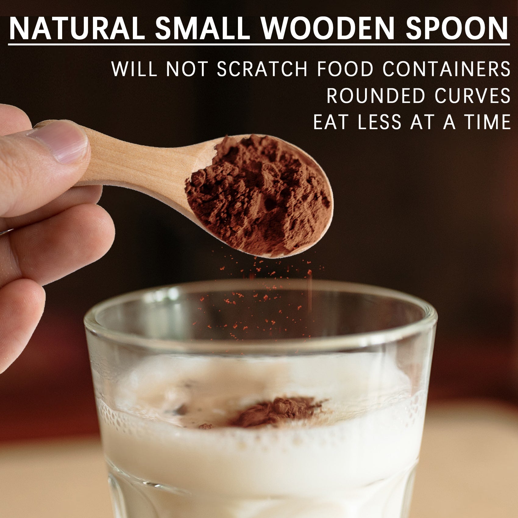 Use a mini wooden spoon to scoop up the ground coffee powder and pour it into a cup