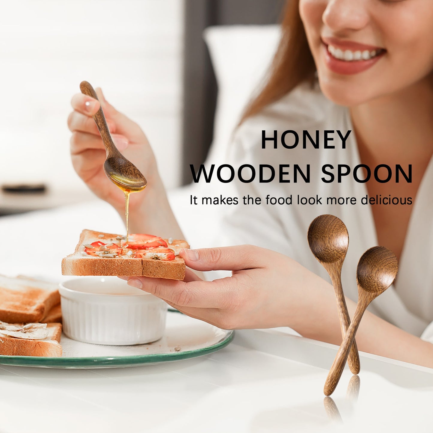 A woman smiles as she spreads honey on her bread with a small wooden spoon