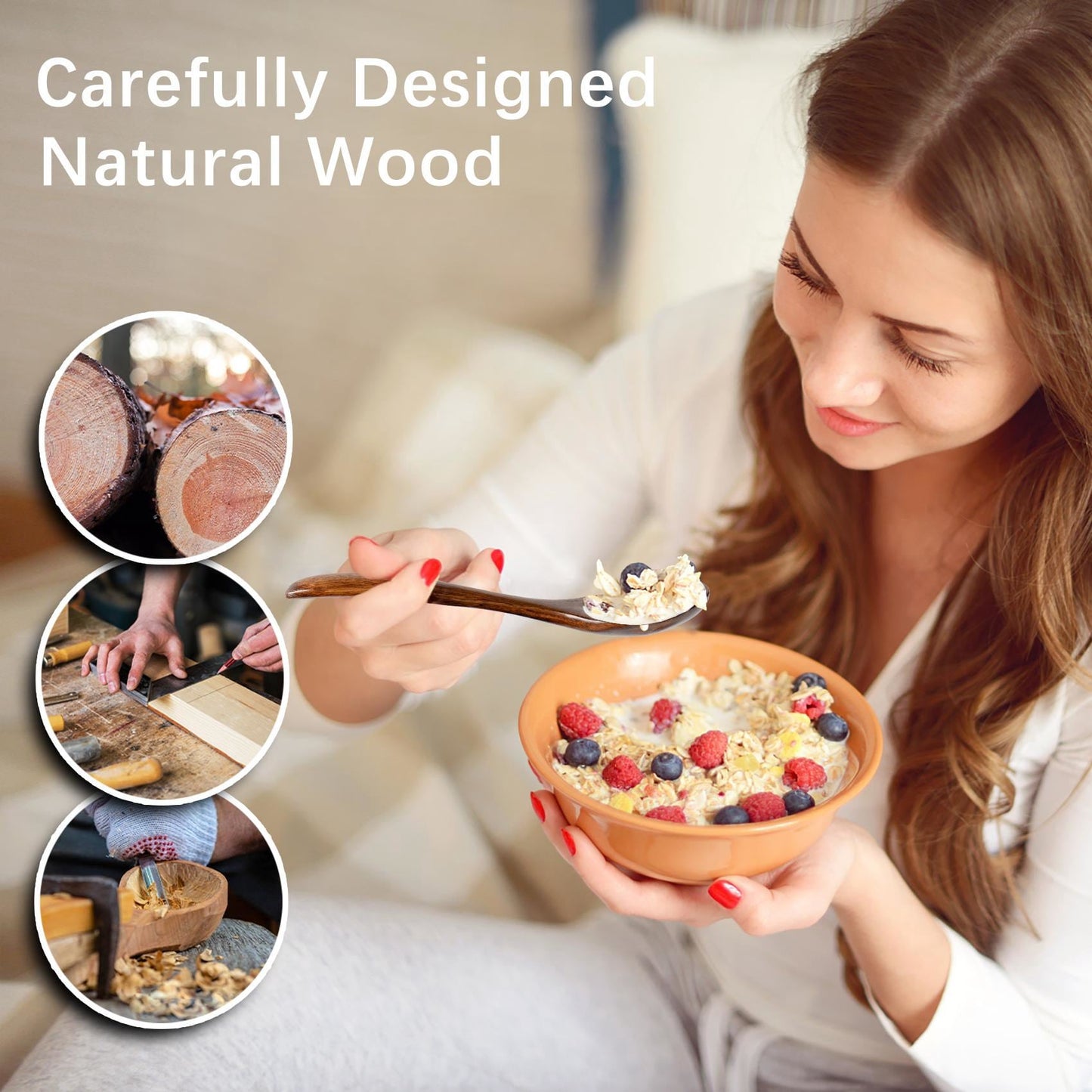 The small wooden spoon is made of polished hardwood and shows a lady eating oatmeal with blueberries and raspberries.