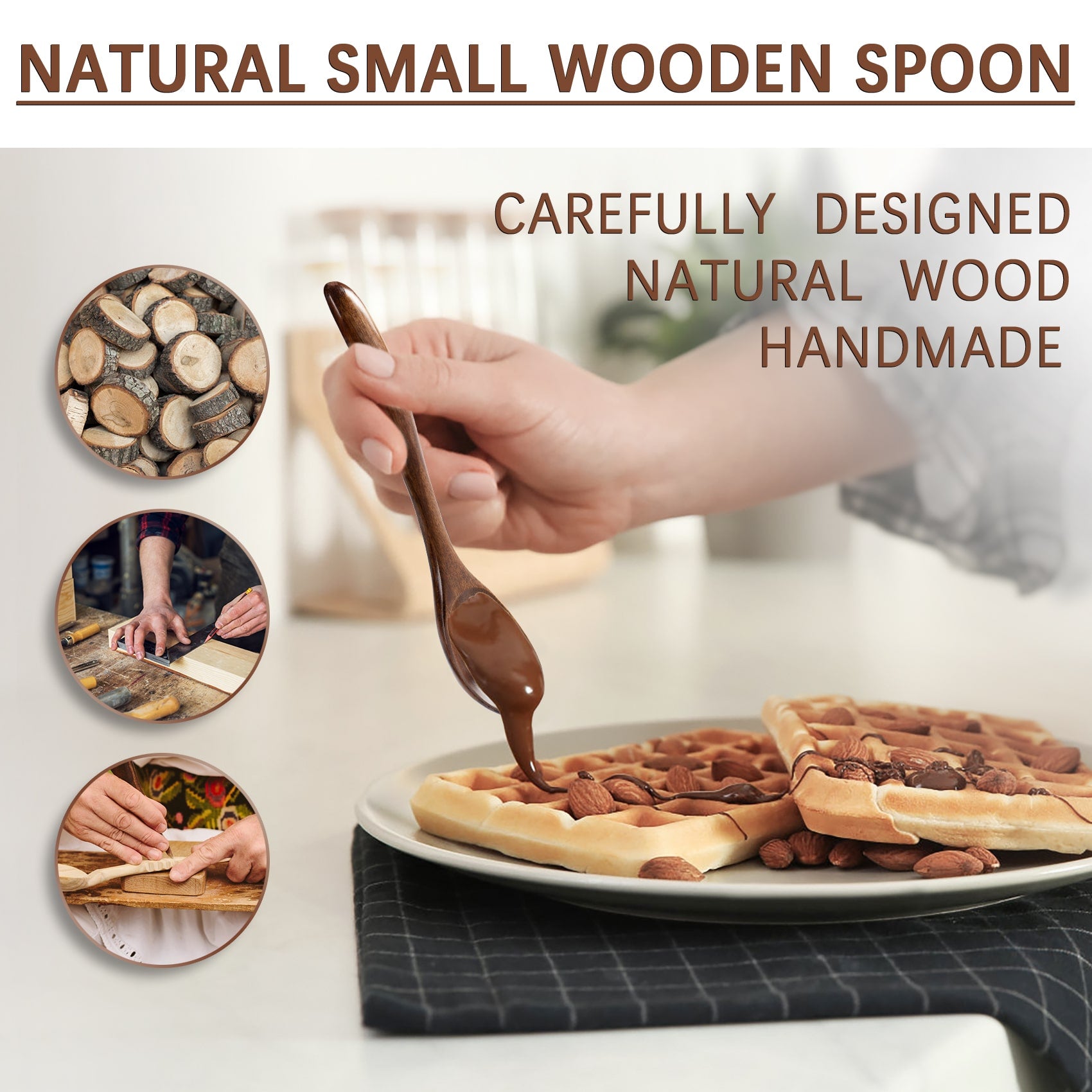 A small wooden spoon, made of hardwood, is used to scoop up the chocolate sauce and spread it on the nut-sprinkled waffles.