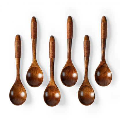 6pcs 6.7inch small wooden table spoons with wrapped handles for honey made of Beech