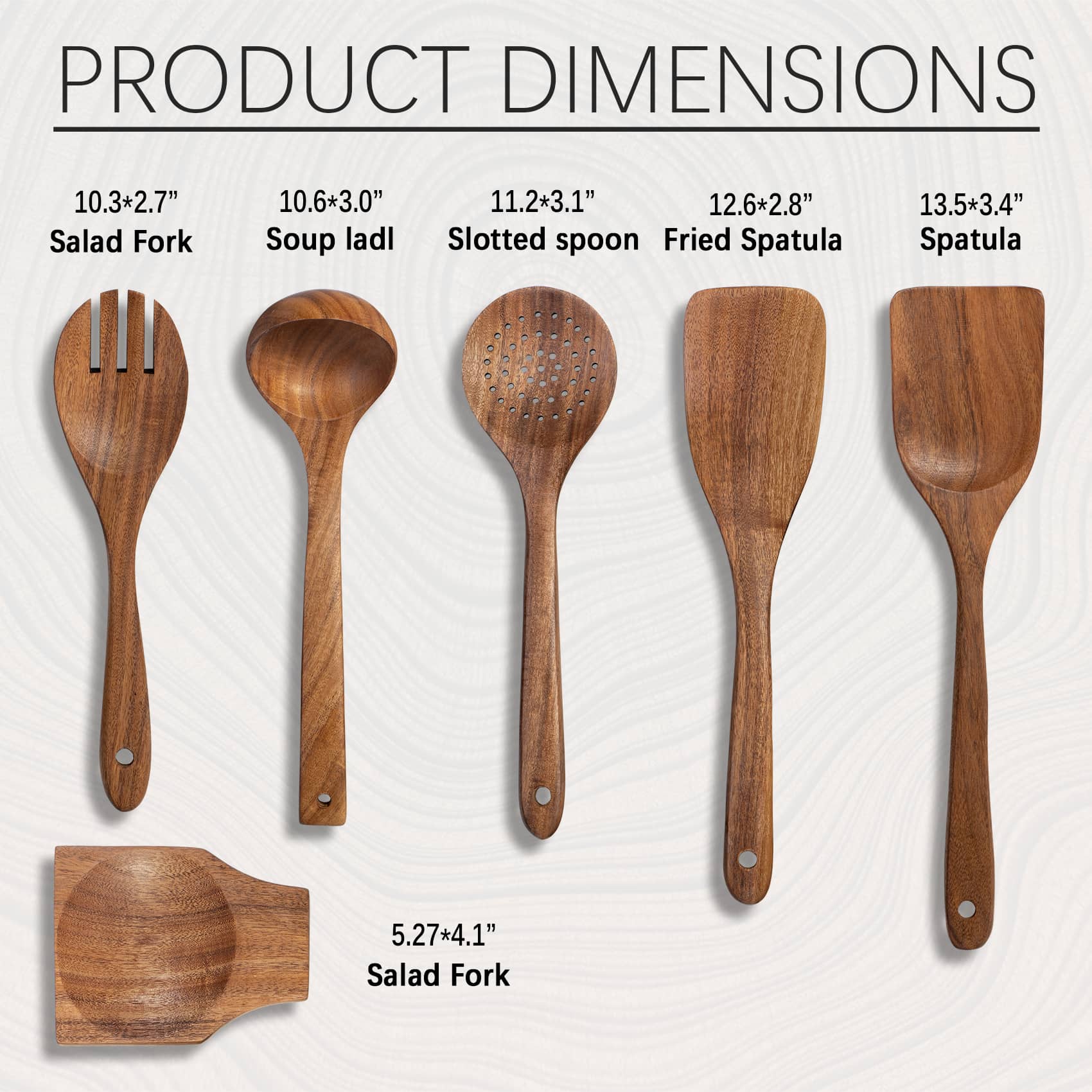 Salad fork, soup ladle, leaky apoon, spatulas, and spoon rest are displayed, and their sizes are labeled on the side.