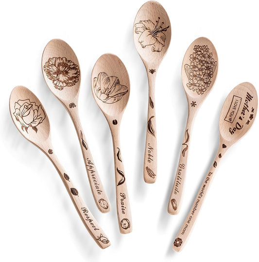 6pcs 7.3inch Mothers Day Small Wooden Table Spoons Set Gift