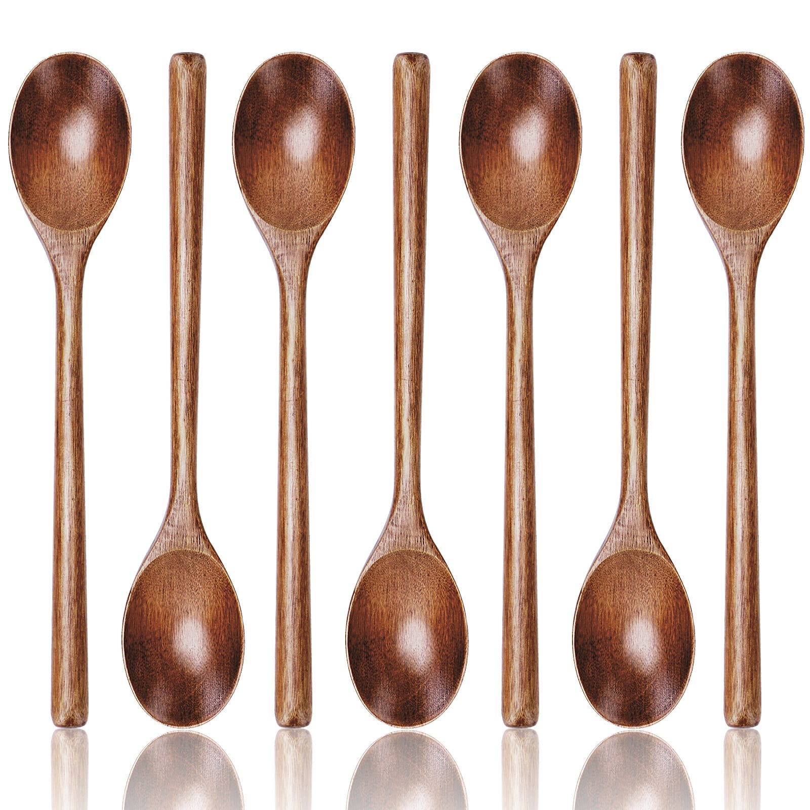 These are seven long-handled stirring spoons made of pure natural wood, large wooden spoons for cooking