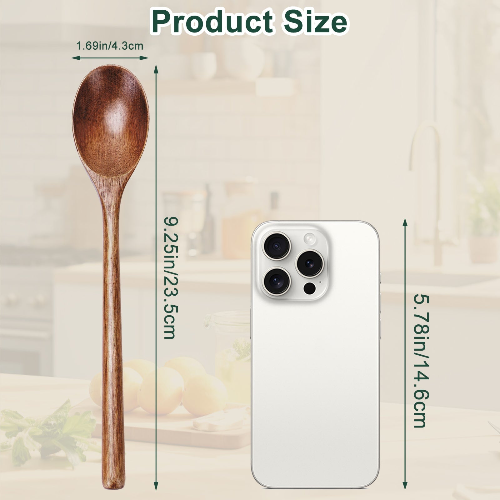 This pure natural wood long-handled mixing spoon measures 9.3 inches in length and 1.7 inches in width!