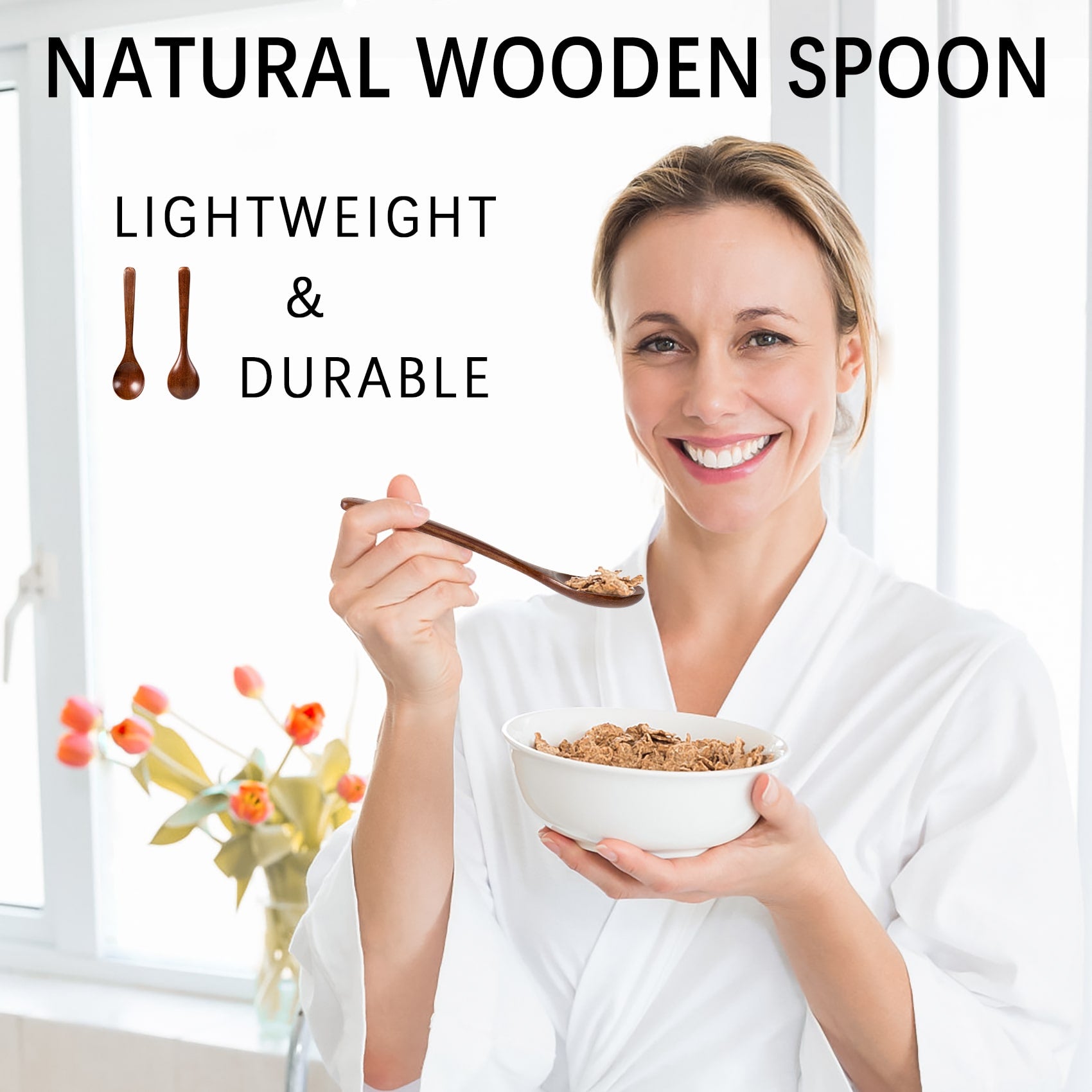 A lady happily eating oatmeal with honey on a 7inch wooden spoon.
