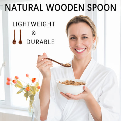 A lady happily eating oatmeal with honey on a 7inch wooden spoon.