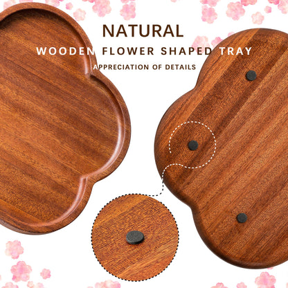 This natural wood plate in the shape of a peach blossom comes with a non-slip adhesive pad on the back