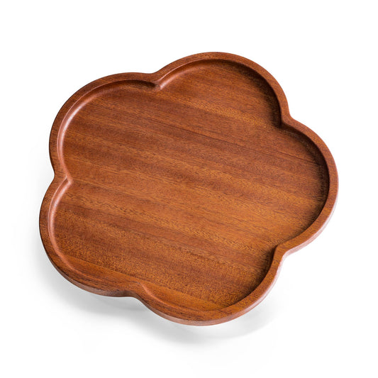 This is a natural wooden plate in the shape of a peach blossom made of pure natural wood