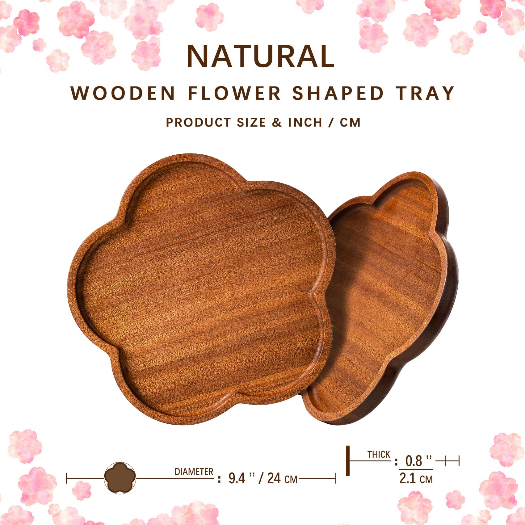 The dimensions of this natural wood disk in the shape of a peach blossom are 9.4*0.8 inchs