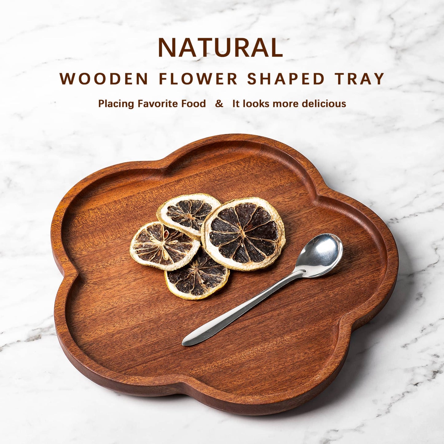 This natural wood plate in the shape of a peach blossom is topped with lemon slices to make it look even more delicious