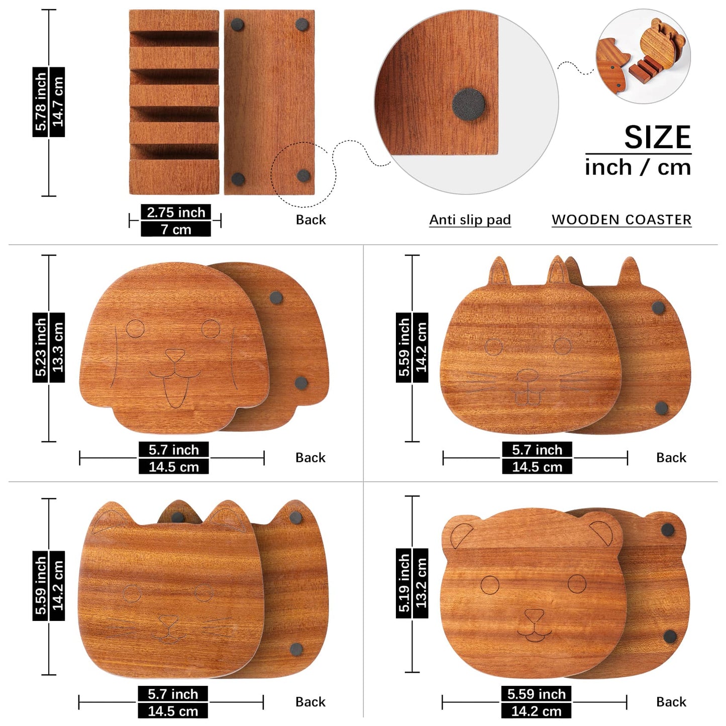 Wooden coasters are 5.7*5.5inch. brackets are 5.8*2.8inch. non-slip pads on the bottom of all parts.