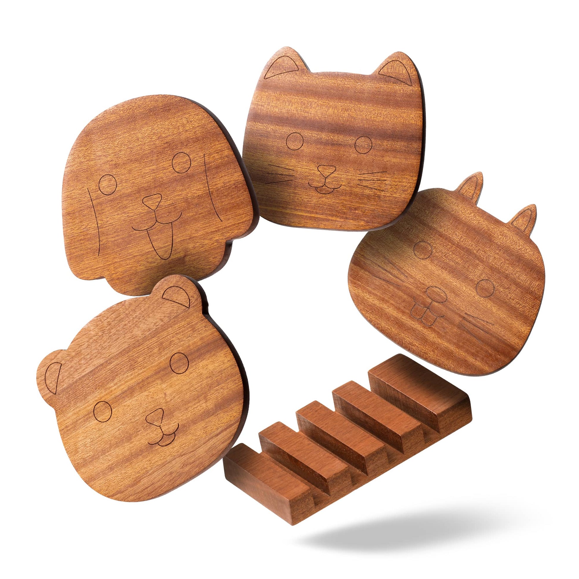 Large Wooden Animal Non-Slip Coaster Set of 4 with Non-Slip Holder