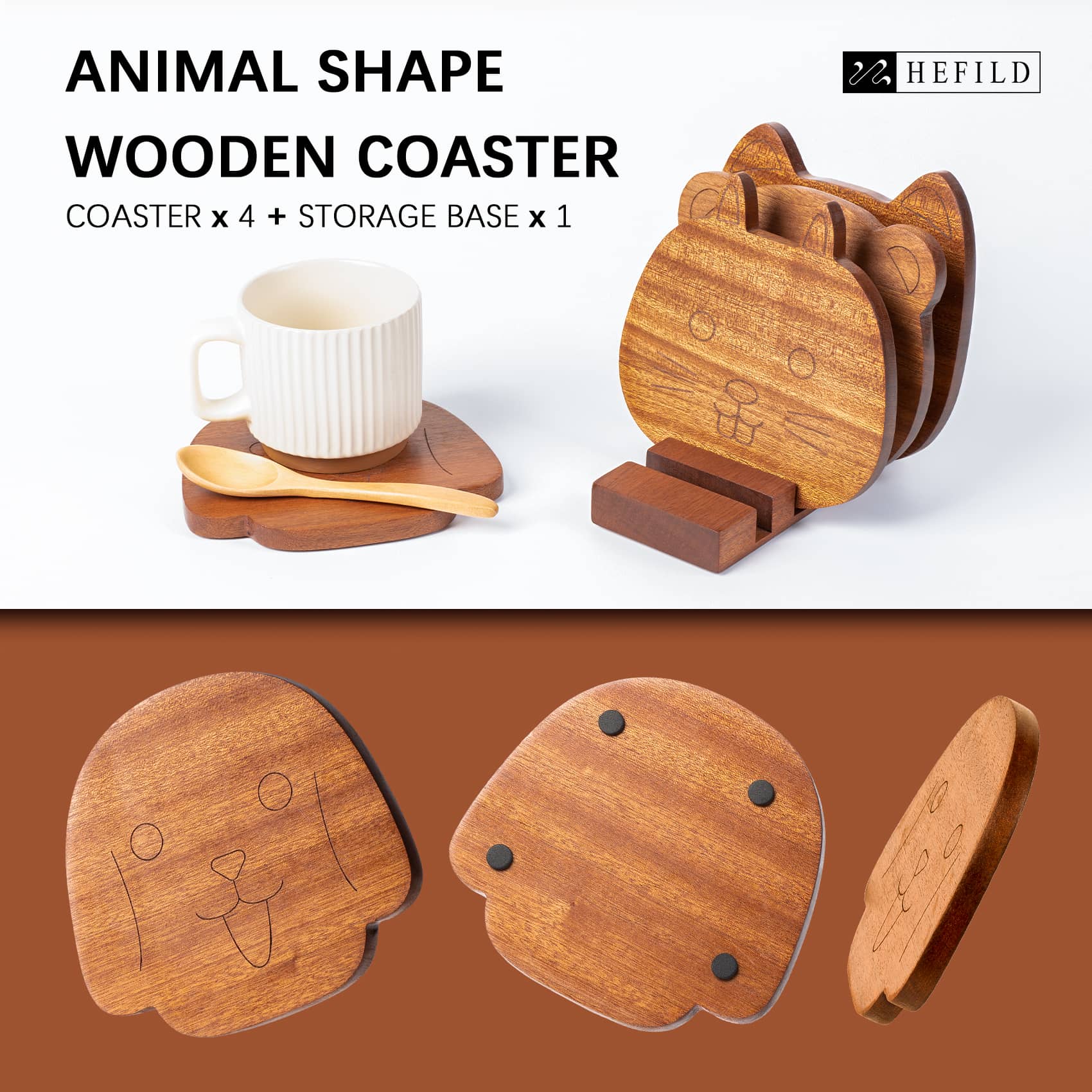 Show cups resting on animal wooden coasters. Wooden coasters have non-slip pads on the back